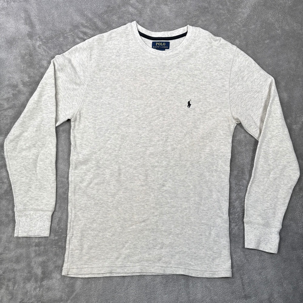 Polo Ralph Lauren Shirt Men Medium Light Gray Thermal Pullover Waffle Pony